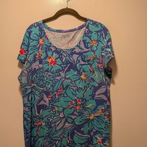 Lily Pulitzer Floral Scoop Neck Women's Pocket Tee - Blue/Teal XL